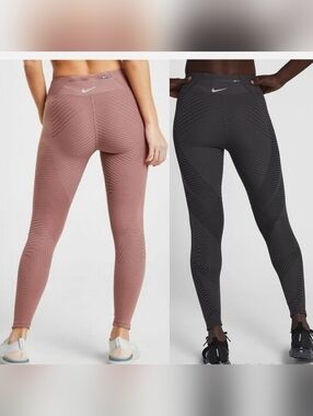 2 PAIRS Nike Womens Epic LUX Textured Mid Rise Tights (1 Black + 1 Blush)